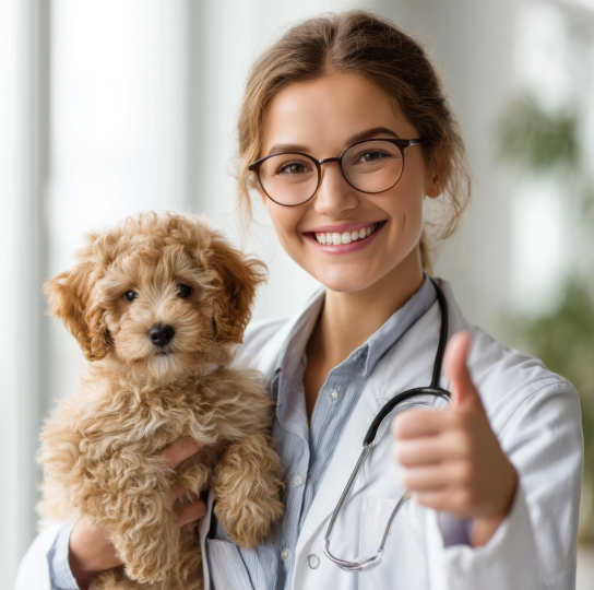 Professionnelle vétérinaire tenant un jeune chien.