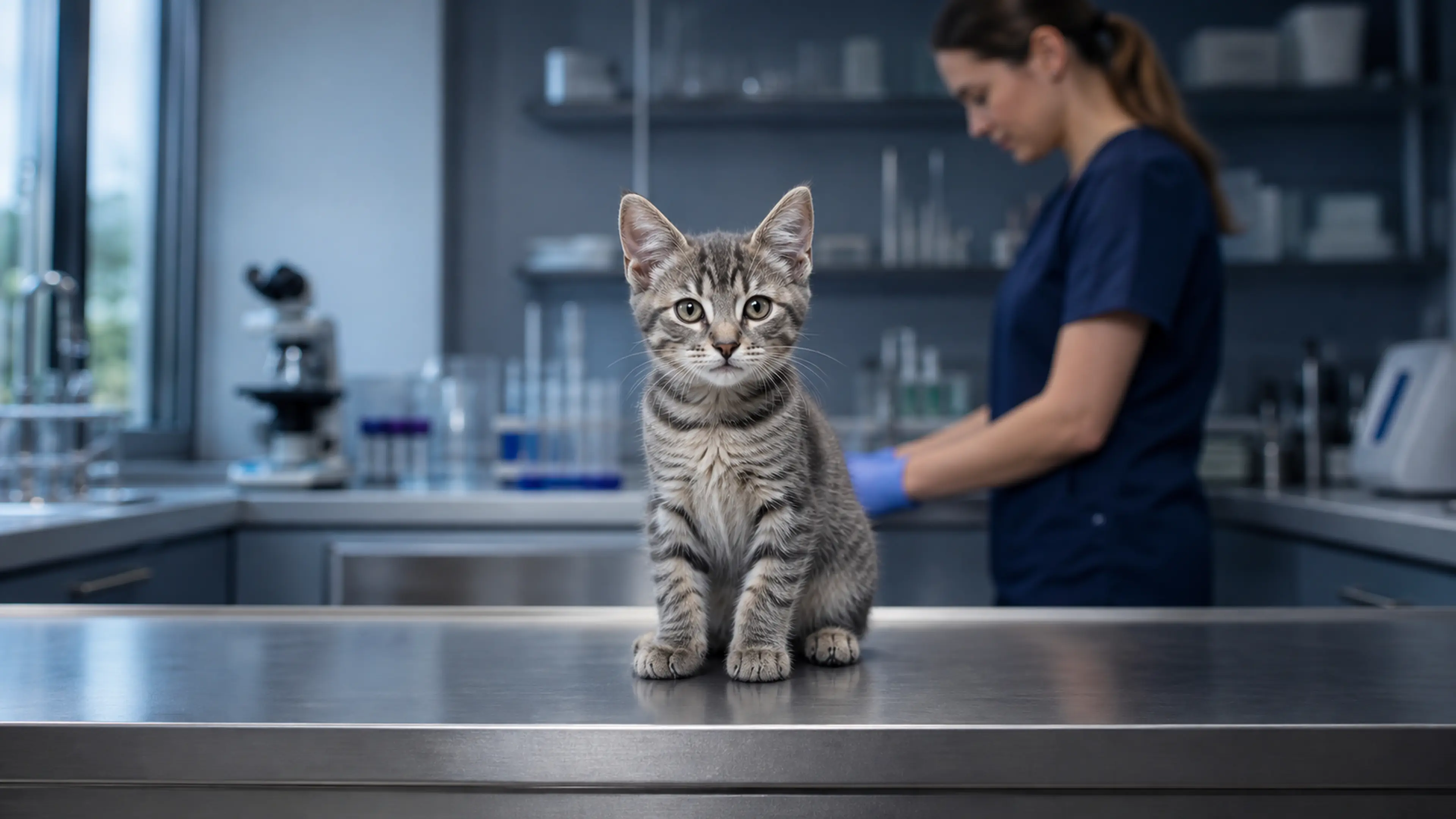 Chat observé dans un environnement de laboratoire vétérinaire.